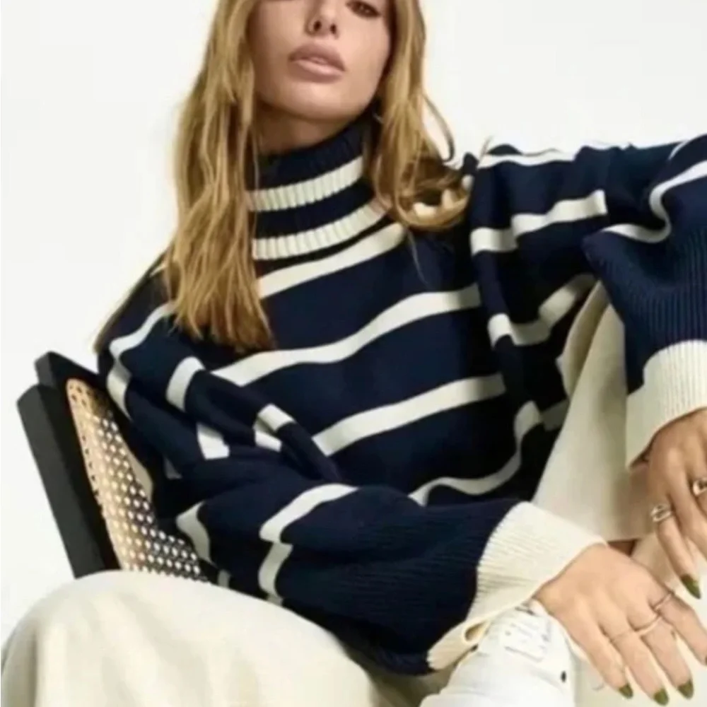 Topshop Oversized Sweater Size XS Navy White Stripe Turtleneck